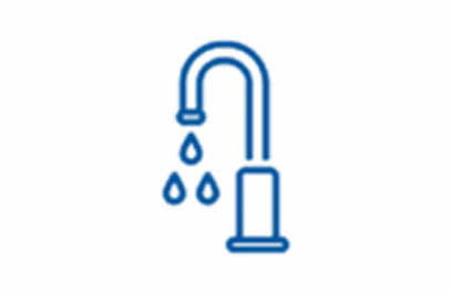 Faucet installation icon with water droplets.