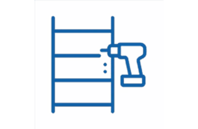 Line icon of a shelving unit with a handheld power drill beside it on a blue background.